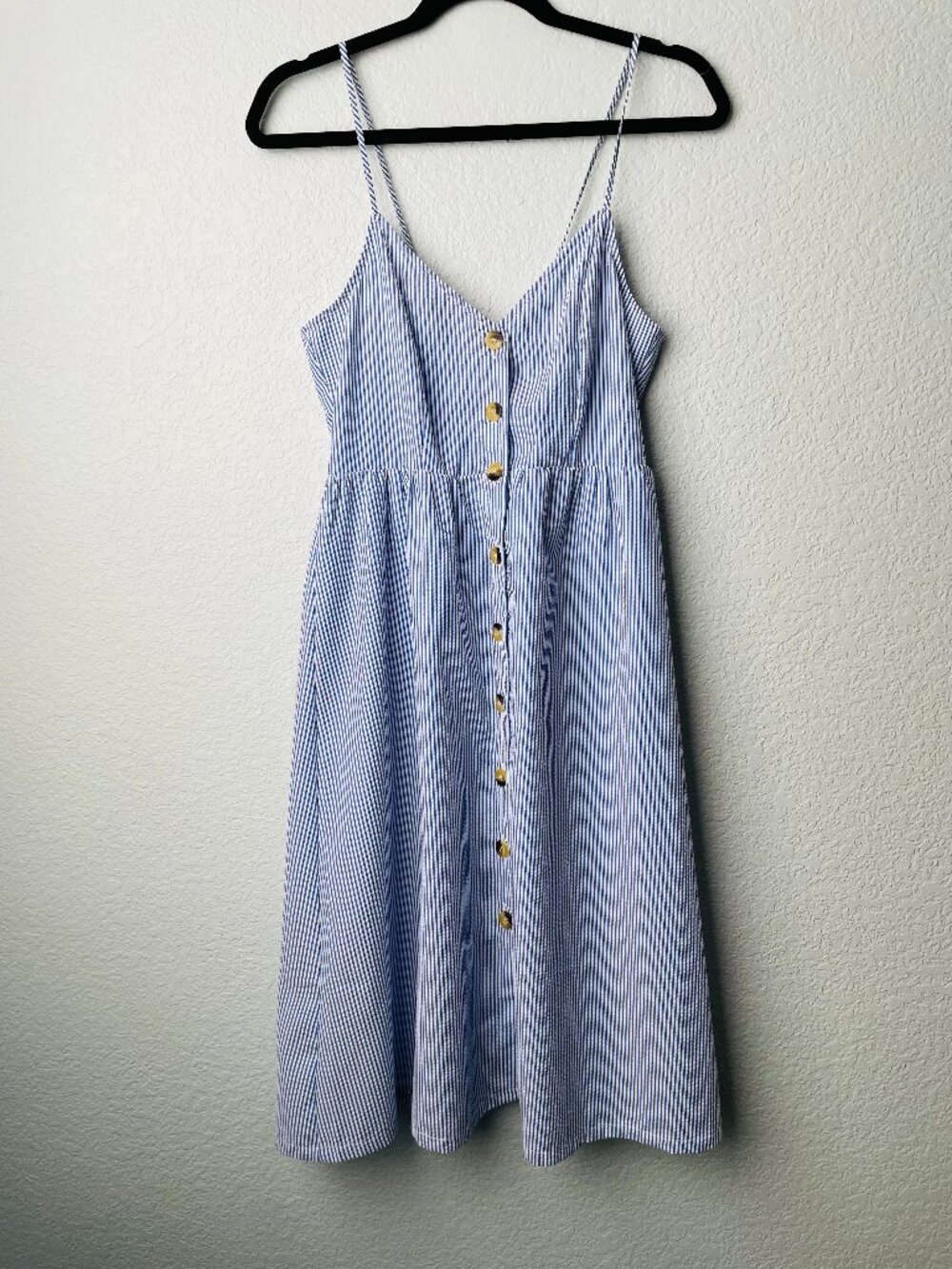 H&M Blue White Striped Lace Up Back Button Down Beachy Coastal Dress | Size 6